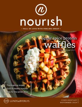 November 2024 Nourish magazine featuring "apple spice protein waffles"