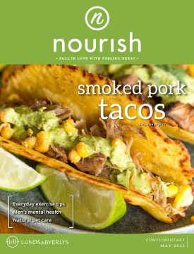 May 2025 issue of Nourish magazine featuring Smoked Pork Tacos