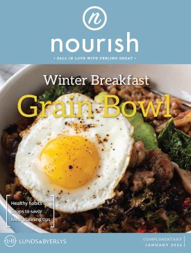 January 2026 issue of Nourish magazine featuring "Winter Breakfast Grain Bowl" recipe