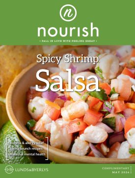 May issue of Nourish Magazine featuring "Spicy Shrimp Salsa"