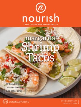 August issue of Nourish Magazine featuring "Margarita Shrimp Tacos"